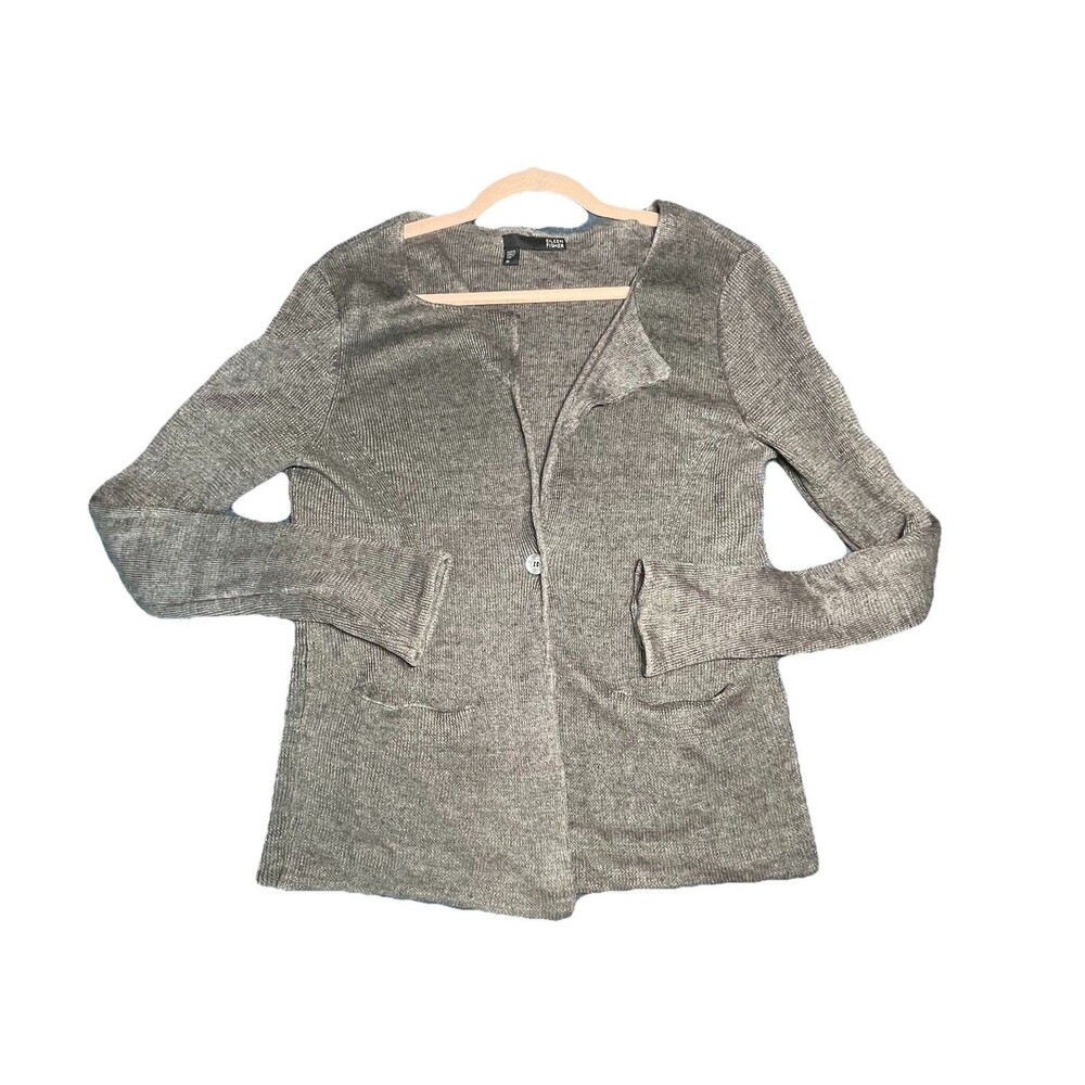 Eileen Fisher Linen Cardigan Sweater Women's Medium Gray One Button‎ Pockets